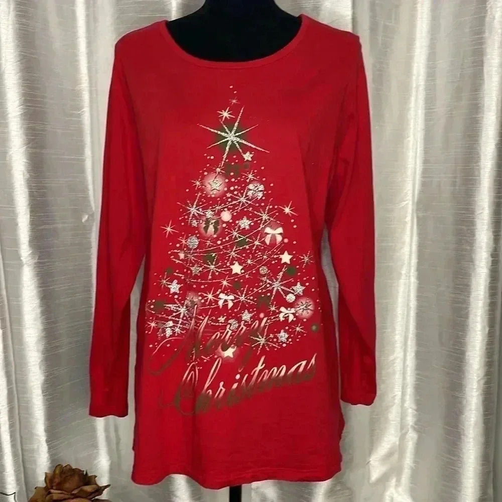 Fashion Bug Women’s 0X Red Long Sleeve Merry Christmas Silver Glitter Tree Shirt - Picture 2 of 9